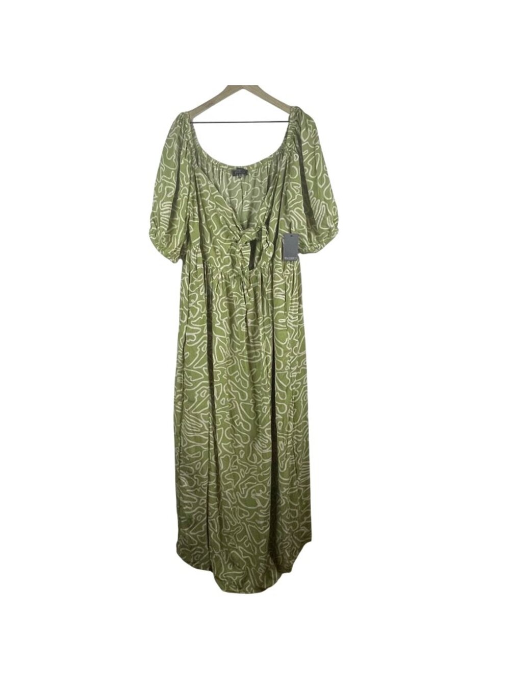 Eloquii Green Abstract Print Maxi Dress With Puff Sleeves & Tie Front Size 18 - Picture 1 of 9